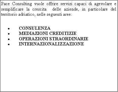 Casella di testo: Pace Consulting vuole offrire servizi capaci di agevolare e semplificare la crescita  delle aziende, in particolare del  territorio adriatico, nelle seguenti aree:      CONSULENZAMEDIAZIONI CREDITIZIE OPERAZIONI STRAORDINARIE  INTERNAZIONALIZZAZIONE 