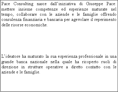 Casella di testo: Pace Consulting nasce dalliniziativa di Giuseppe Pace: mettere insieme competenze ed esperienze maturate nel tempo, collaborare con le aziende e le famiglie offrendo consulenza finanziaria e bancaria per agevolare il reperimento delle risorse economiche.Lideatore ha maturato la sua esperienza professionale in una grande banca nazionale nella quale ha ricoperto ruoli di direzione in strutture operative a diretto contatto con le aziende e le famiglie.